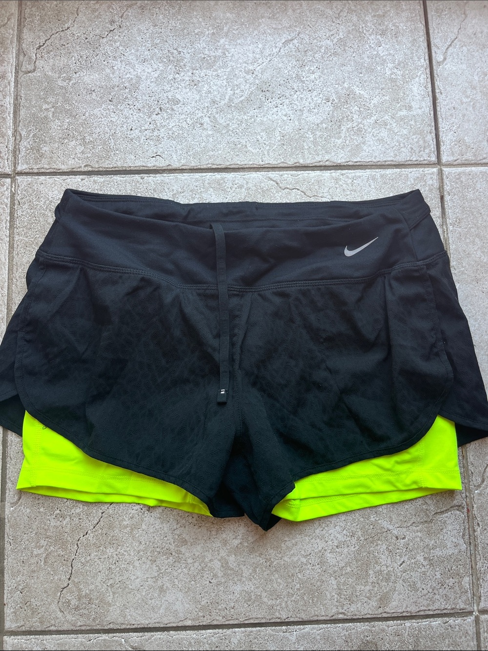 Nike Women's Black Layered Shorts with Neon Yellow Liner